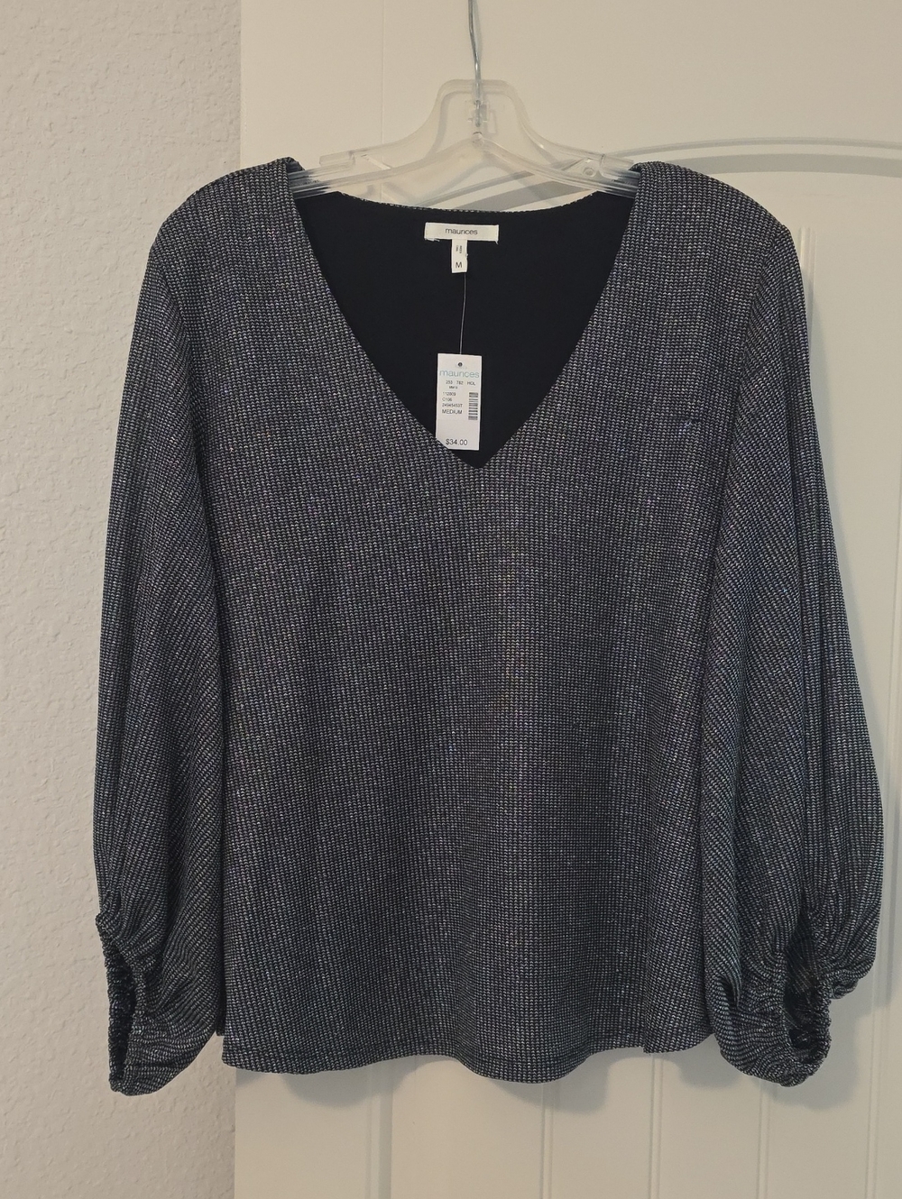 Maurices Black Metallic-Thread V-Neck Long Sleeve Top